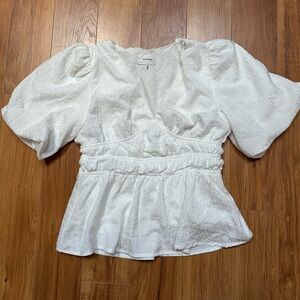 White V-Neck Puff Sleeve Blouse